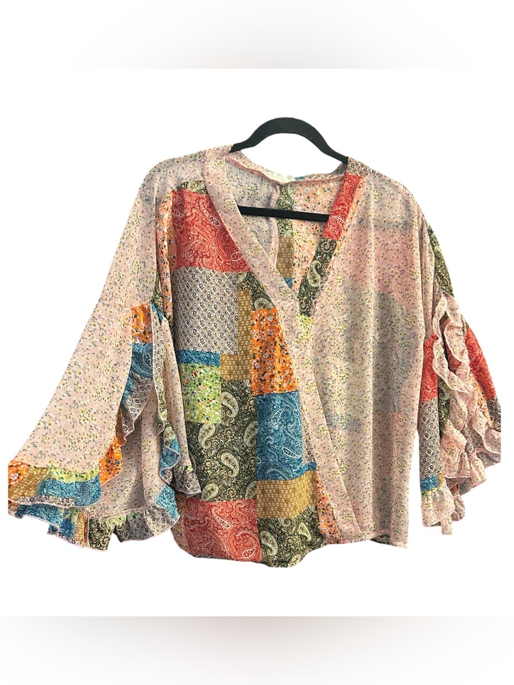 Amplify Pink Floral Patchwork Blouse great condition. bell sleeves ruffles